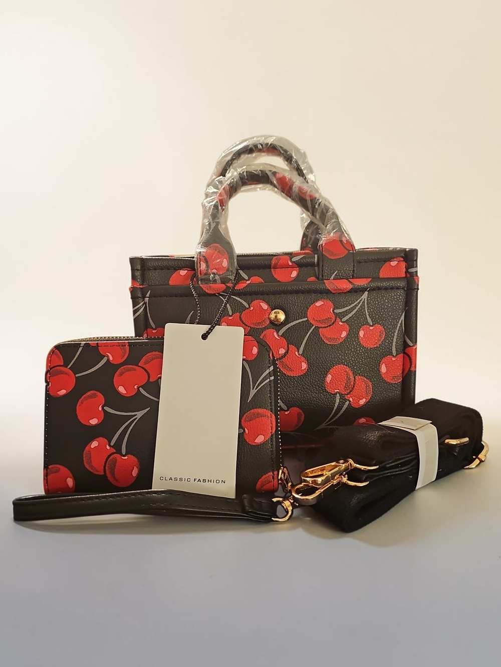 Nwt Classic Fashion Black Tote with Red Cherry Print